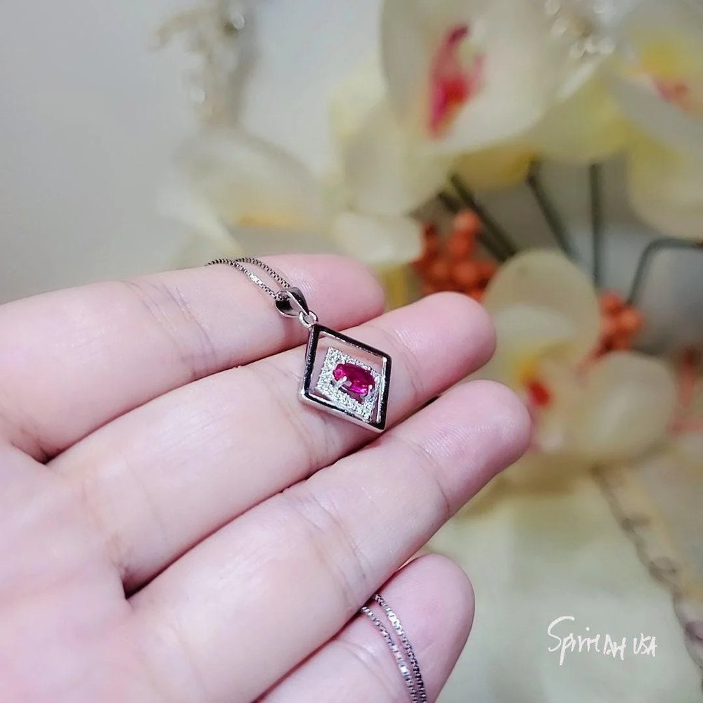 Geometric Ruby Necklace Sterling Silver Minimalist Double Square Tiny Ruby