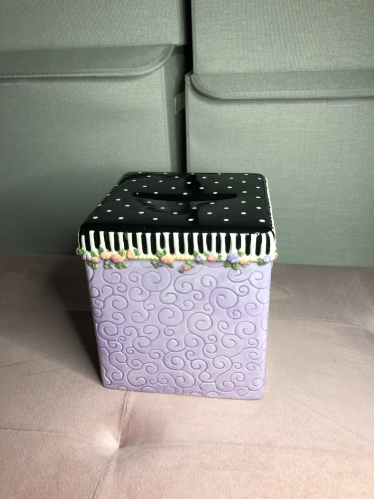 Lavender Floral Polka Dot Ceramic Cube Tissue Box Holder