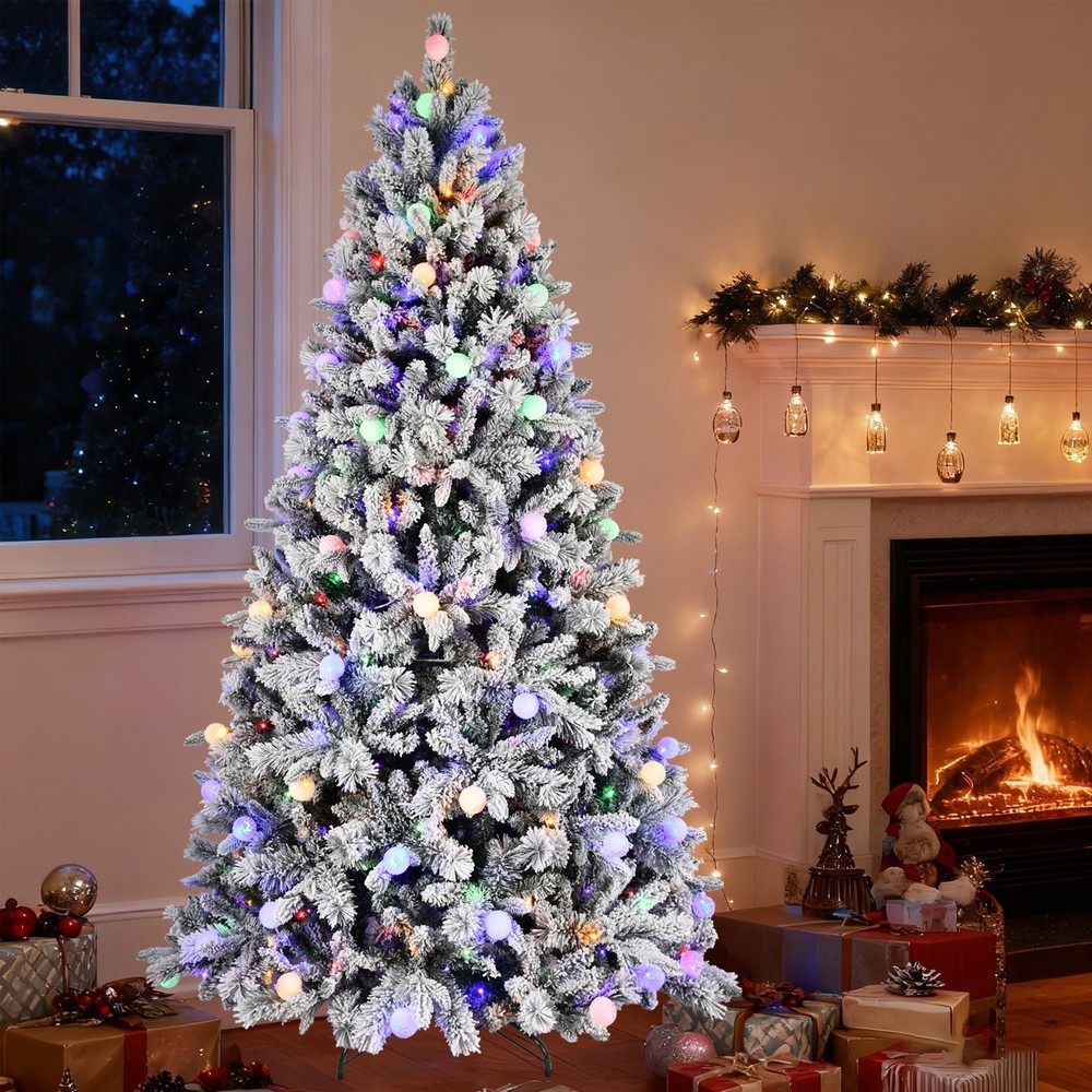 8 ft Prelit Snow Flocked Artificial Christmas Tree with White & Multicolor Light