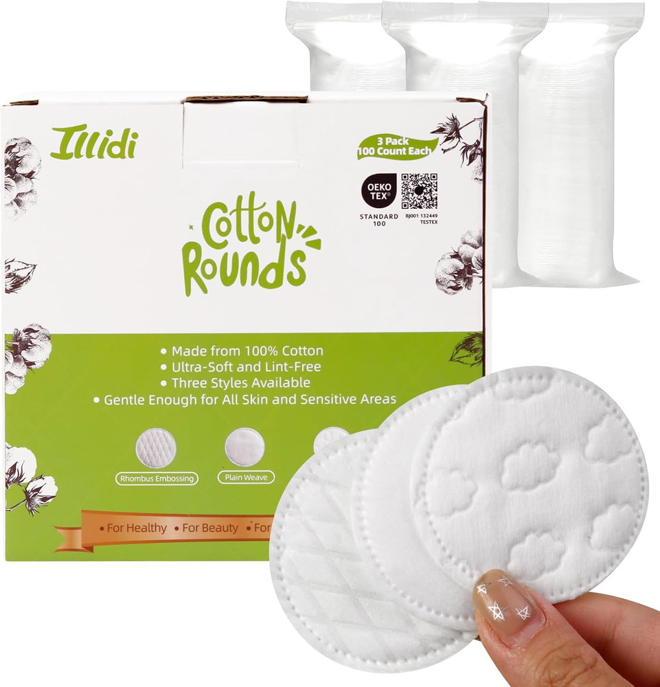 Boxed 300-Count Embossed Cotton Rounds – 3 Unique Patterns, Lint-Free, Dual-Side