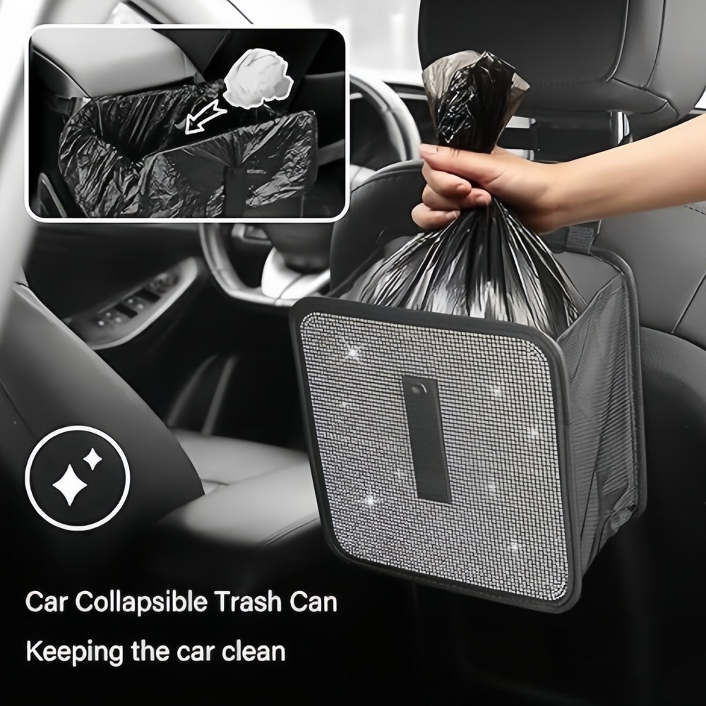 Bling Car Trash Can with Rhinestones, Foldable Hanging Bin & Multi-Functional