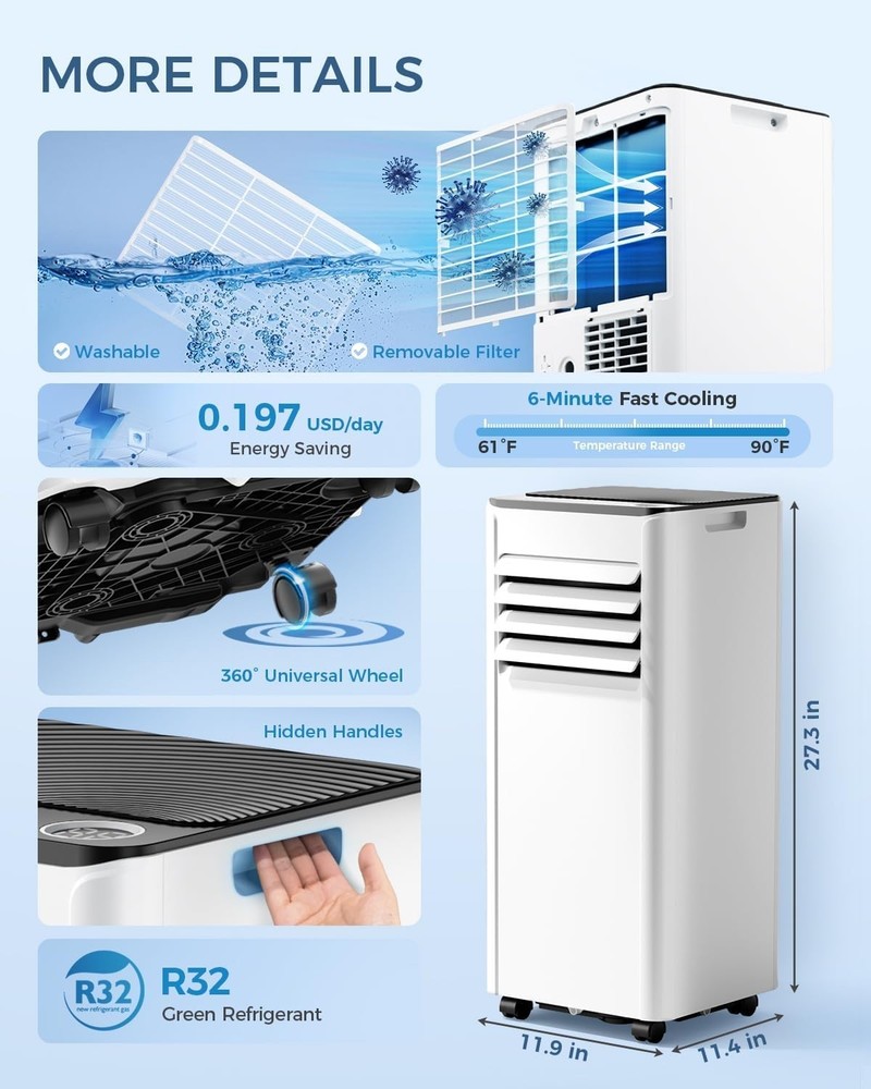 8,000 BTU Portable AC 3-in-1 Unit with Remote for Rooms Up to 350 Sq Ft