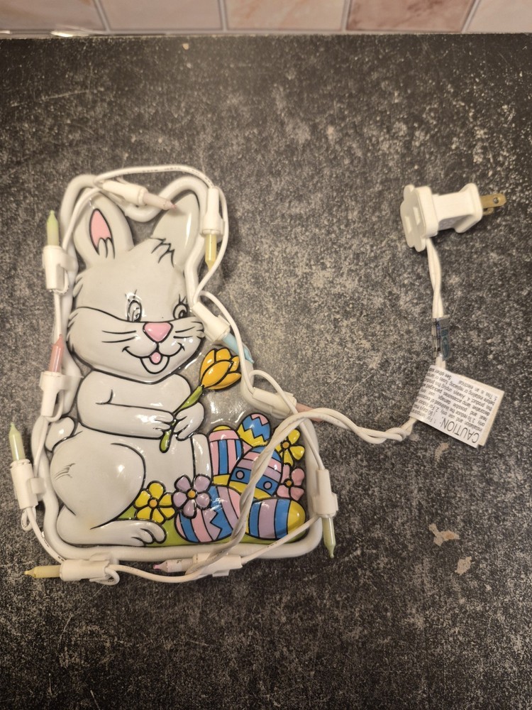 7x5 Bunny Rabbit W/Easter Eggs Window Decor with Pastel Lights+New Pin & Patch