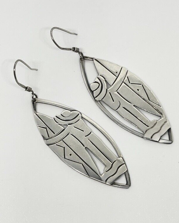 Taxco Mexico Sterling Silver Dangle Drop Pierced Earrings 3”