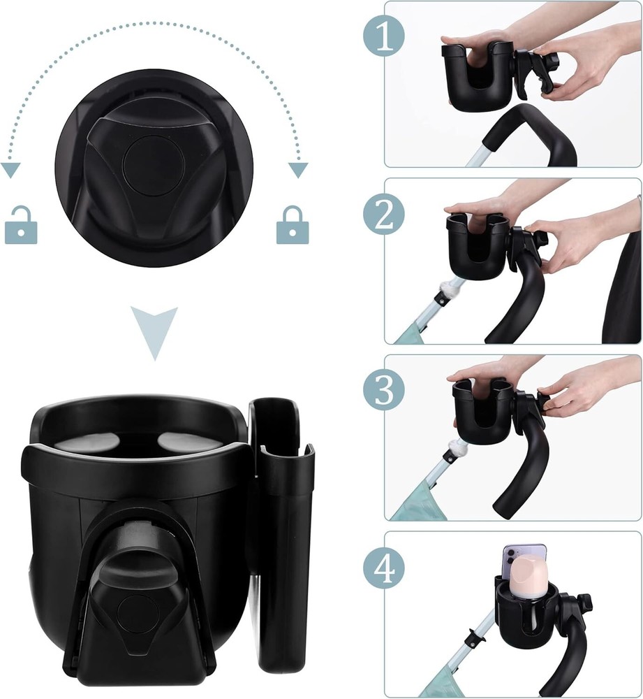 Stroller Cup Holder Adjustable Drink Holder with Phone Holder Universal Black