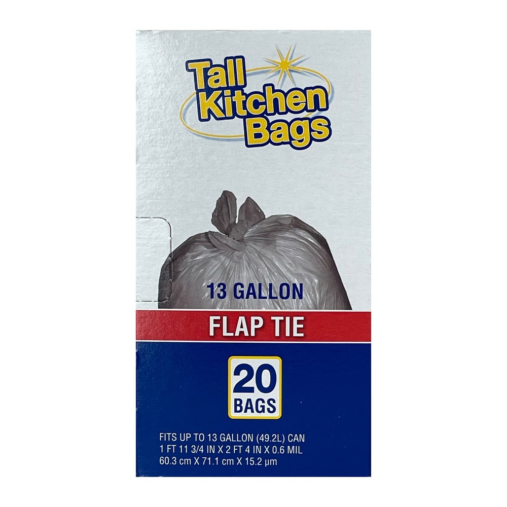(3 Pack) Basic Kitchen Trash Bags, 13 Gallon, 20 Bags (Flap Tie)