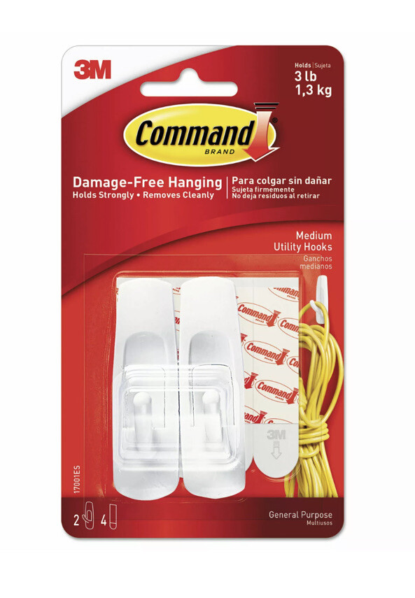 Command General Purpose Hooks Medium 3 lb Cap White 2 Hooks and 4 Strips/Pack