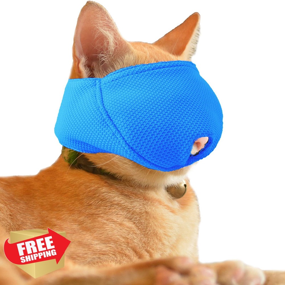 L Blue Cat Muzzle Soft Fabric Grooming Biting Chewing Guard