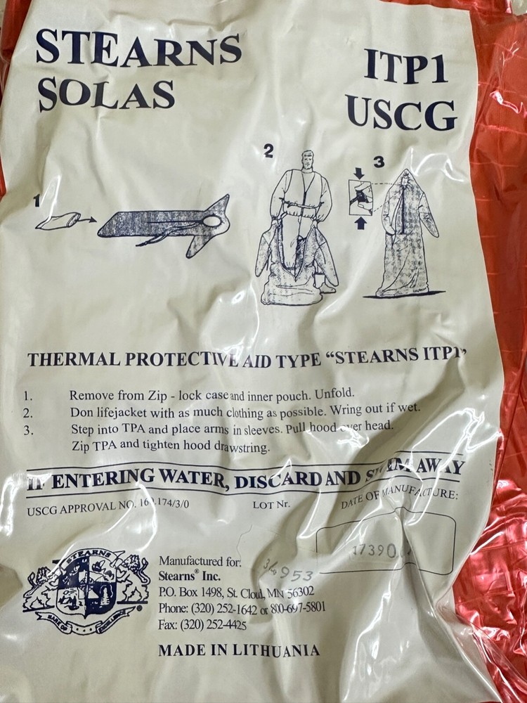 (2) STEARNS SOLAS Thermal Protective Aid Type ITP1 Boat Raft Survival Pack