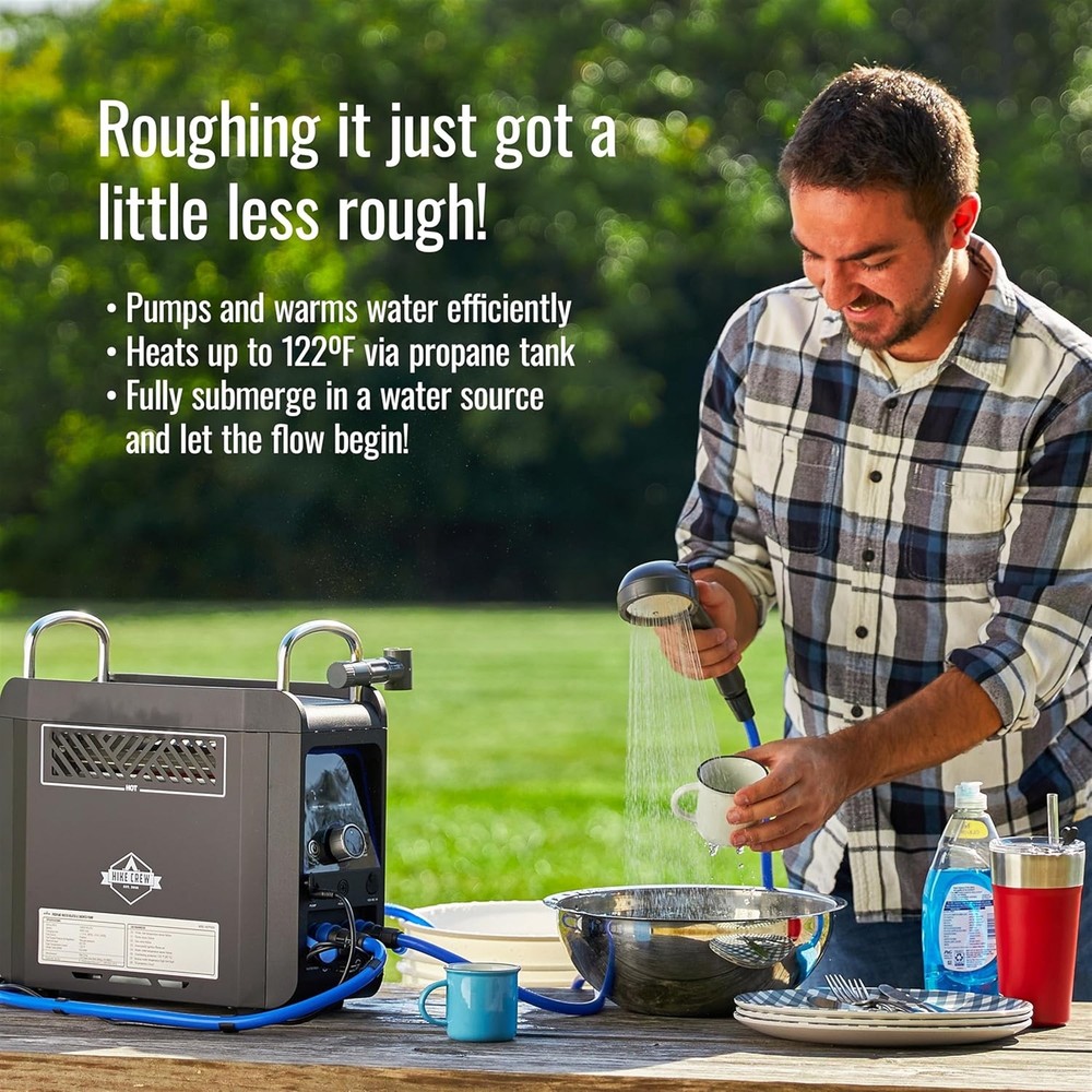 Hike Crew Propane Water Heater & Shower Pump, Rechargeable Camping Heater.