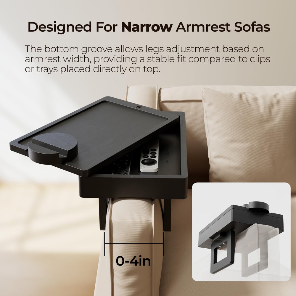 Wealone Mini Black Couch Arm Table for Narrow Armrest, Sofa Tray w/ Storage