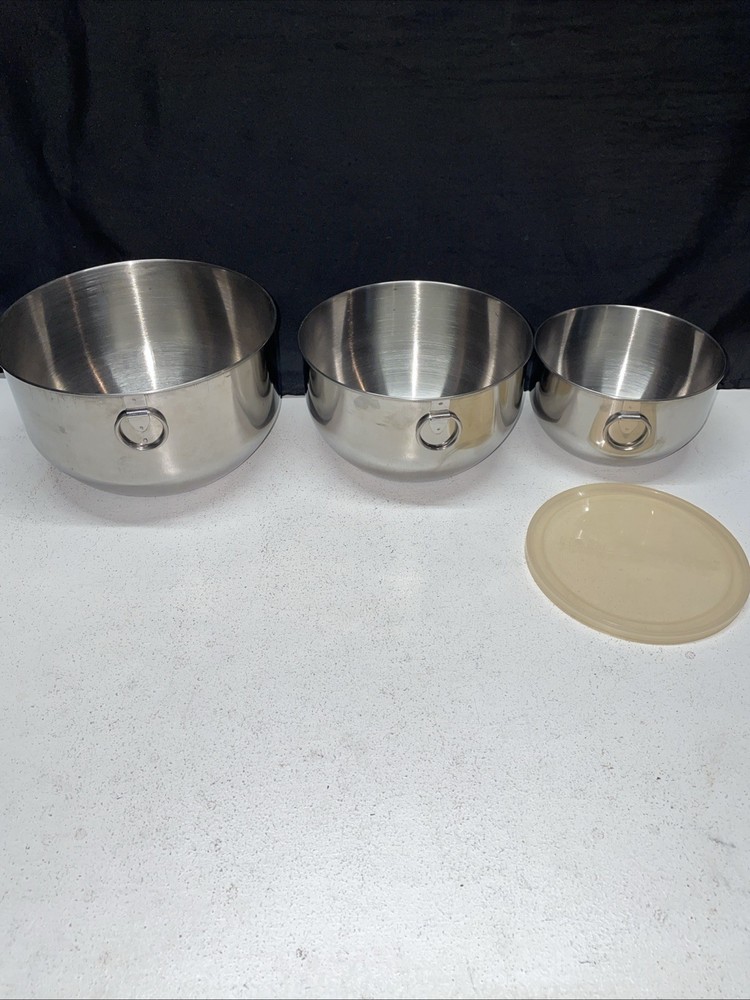 VTG 3pc Farberware Bowl Stainless Thumb Ring MixingNesting Serve