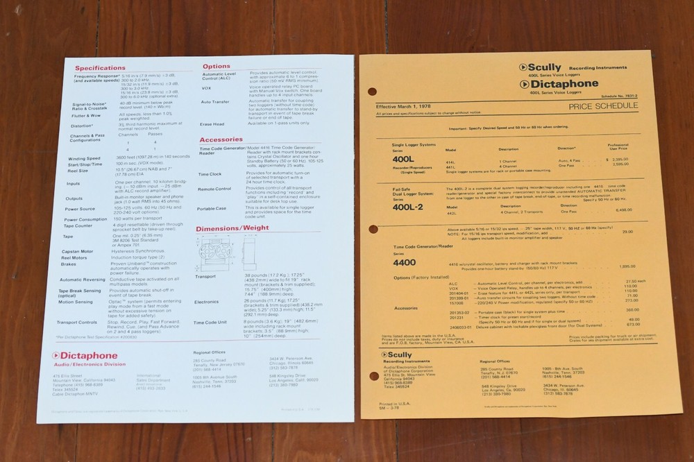 Scully Dictaphone 400L Logger Recorder Time Code Reader Generator Brochure Vtg