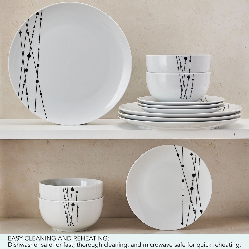 Linear Symphony White Dinnerware Set 12 Piece Porcelain Kitchen Set