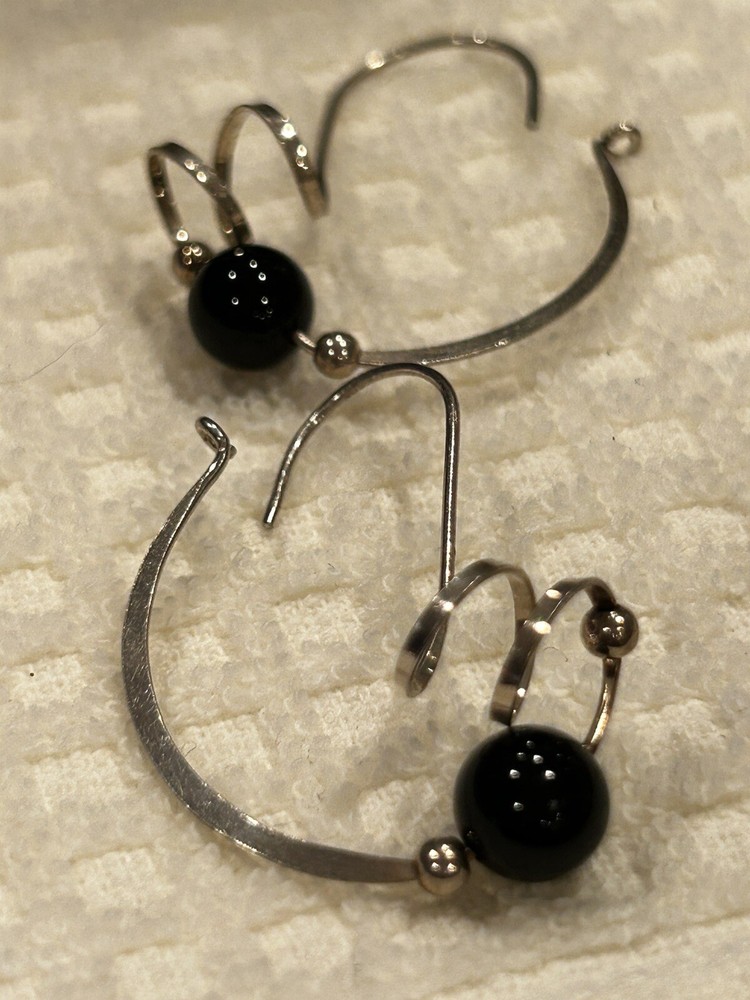 Silver Swirl Earrings With Obsidian Beads