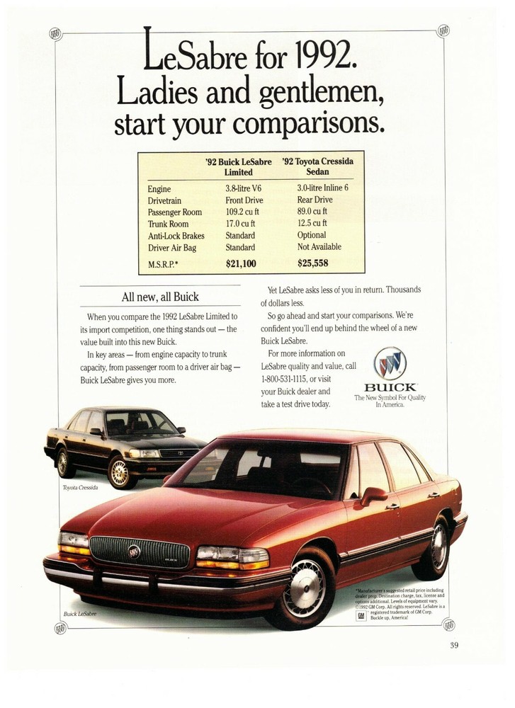 1992 Buick LeSabre  Comparison Chart Red Sedan Vintage Print Advertisement