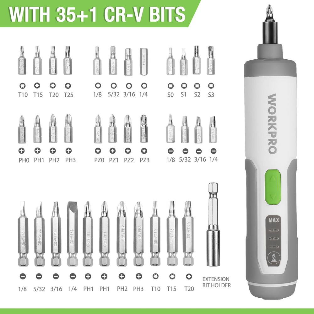 WORKPRO 4V Rechargeable Electric Screwdriver Cordless Screwdriver Set with 35Bit