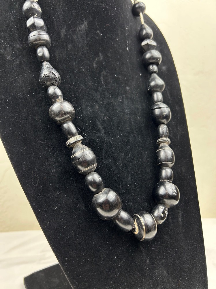 Ancient Bactrian Black Banded Agate and Jet Bead Necklace