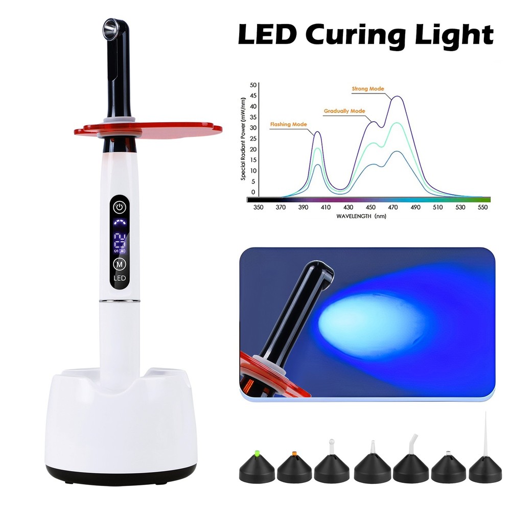 Dental Wireless Cordless LED Curing Light Lamp 1 Second Cure with 7pc Point Lens