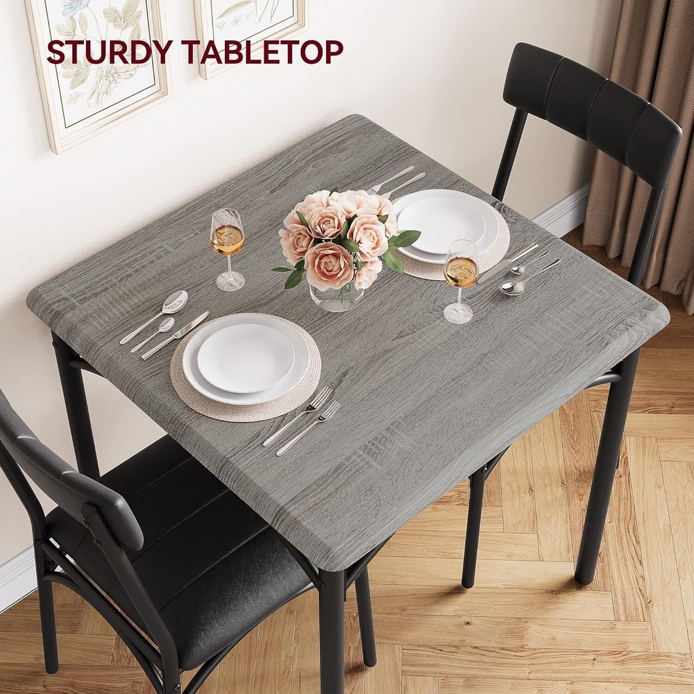 Dining Table Set w/2 Upholstered Chairs & Square Table for Dining Room Gray