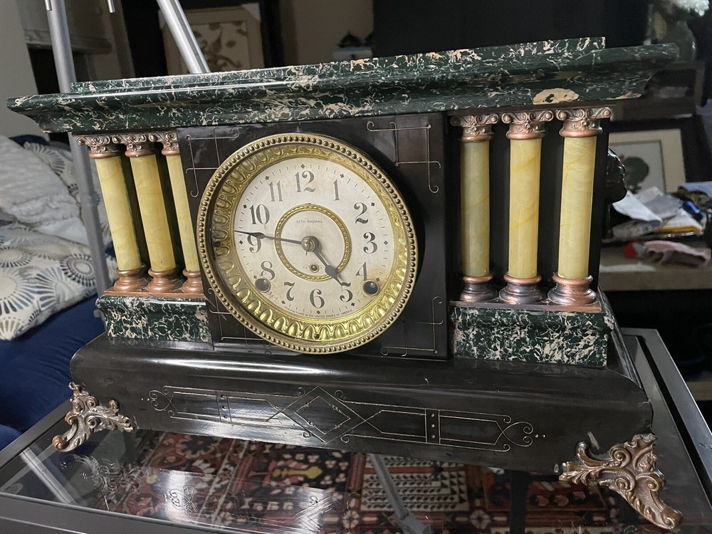 Antique Seth Thomas Mantle Clock Adamantine 6 Pillar Lion Heads