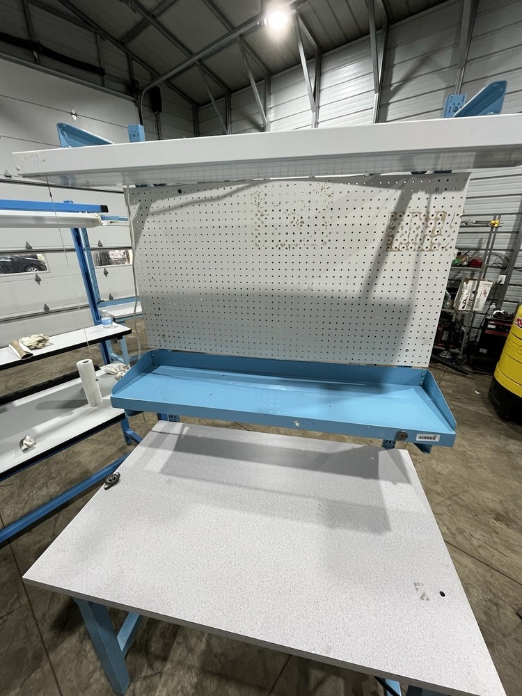 Metal Assembly Workstation Pegboard Worktop Overhead Light Blue & White