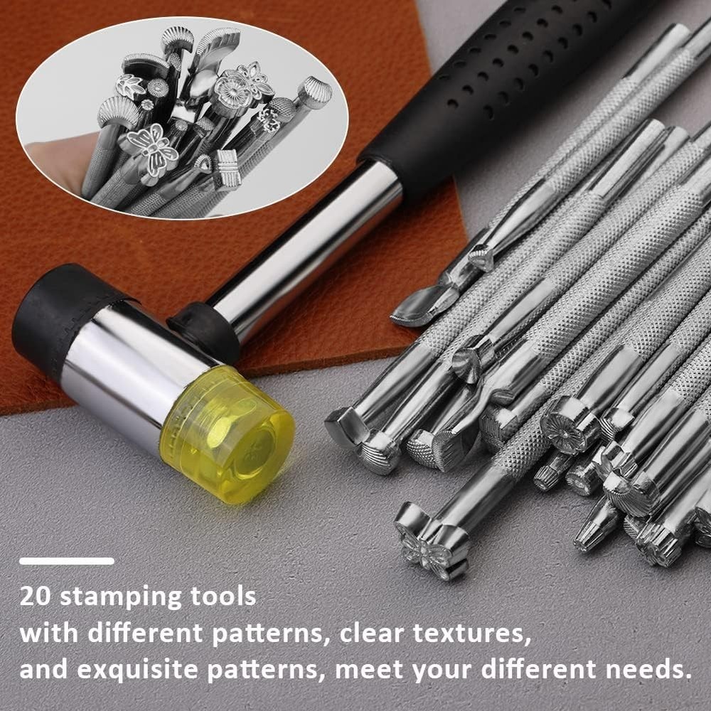 Versatile Leather Stamping Kit for Beginners - 21 Tools & Easy-to-Use Hammer