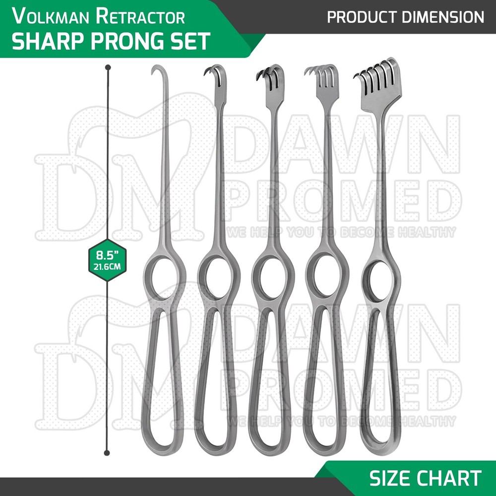 5 Pcs Volkman Retractor 8.5" 1, 2, 3, 4 & 5 Sharp Prong Surgical Instruments Set