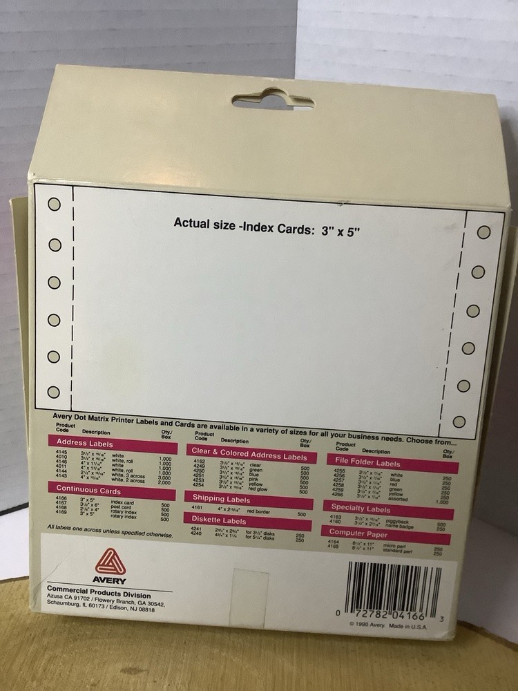 Avery Dot Matrix Printer Cards 4166 3"x5"Continuous Index Cards 1/2 Box