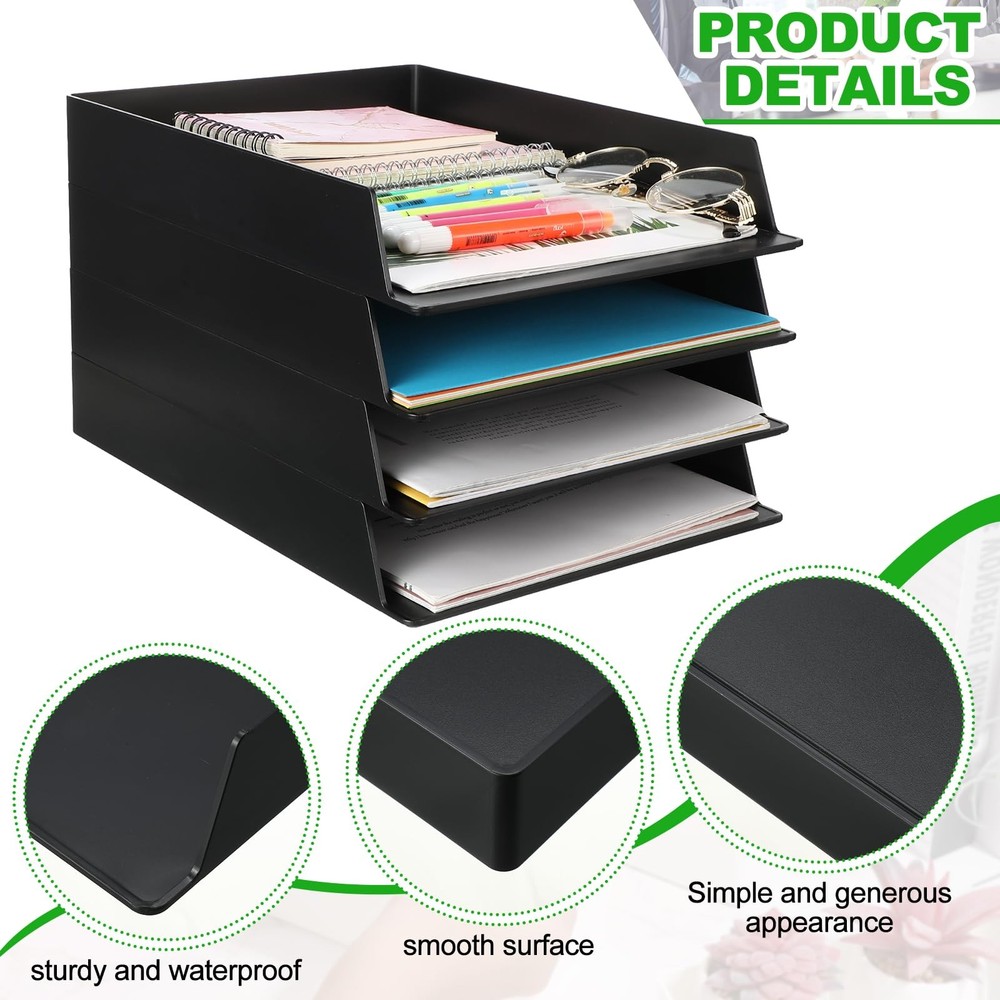 6 PCS Stackable Paper Trays Rectangular Plastic Desk Holder File Storage Black