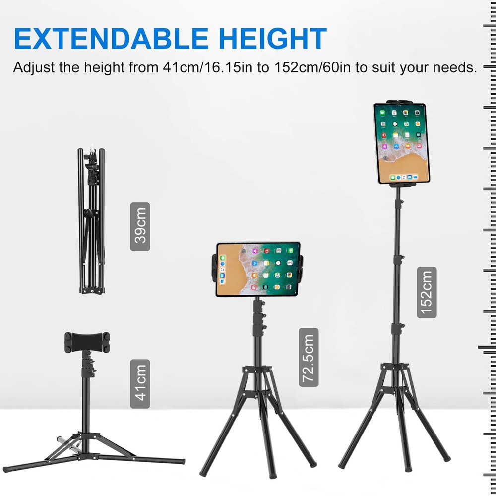 iPad Tripod Stand, 63" Height Adjustable Tripod for Tablet, 360° Rotation Tab...