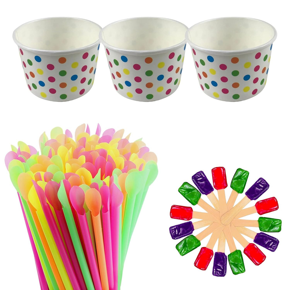 105 Piece Multi-Colored Snow Cone/Shaved Ice Kit - Includes 25 Rainbow Polka Dot