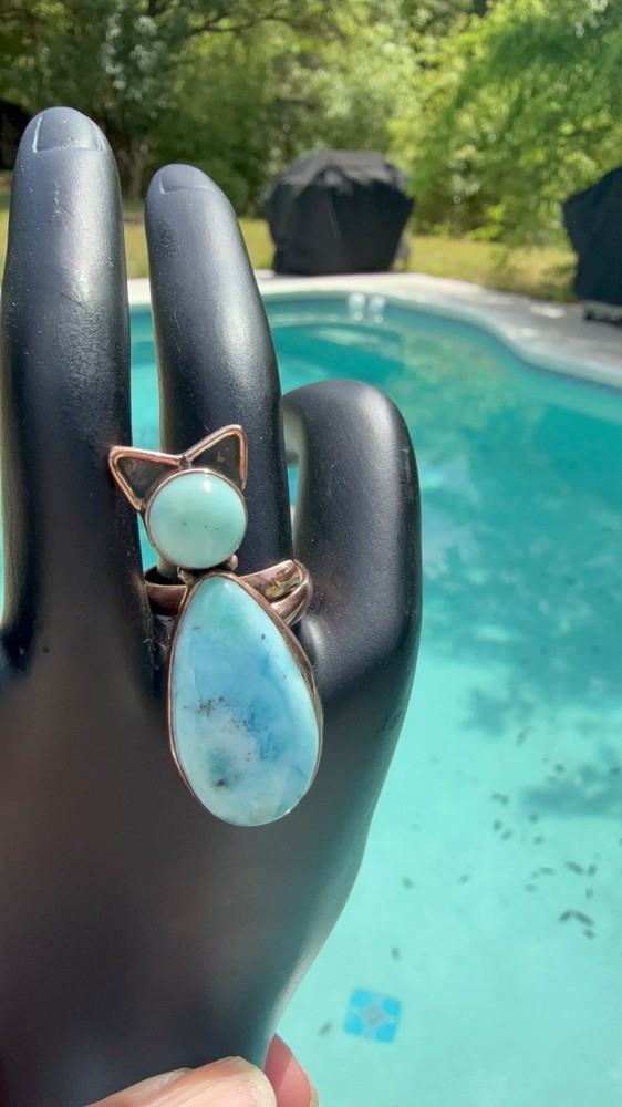 Artisan Cat-Shaped Larimar Copper Statement Ring Adj Handcrafted Whimsical gift