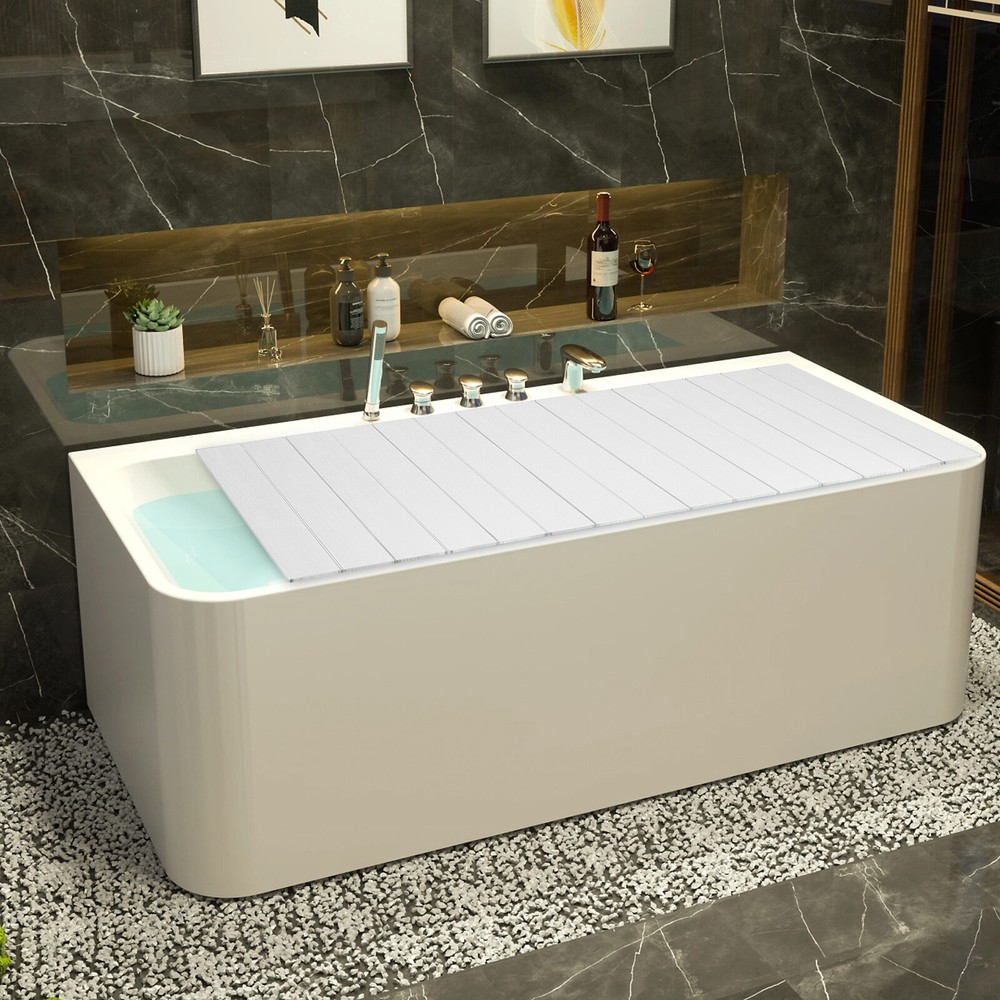 160*80cm Bath Cover Foldable White wood grain Rectangular Bath Lid for Bathroom