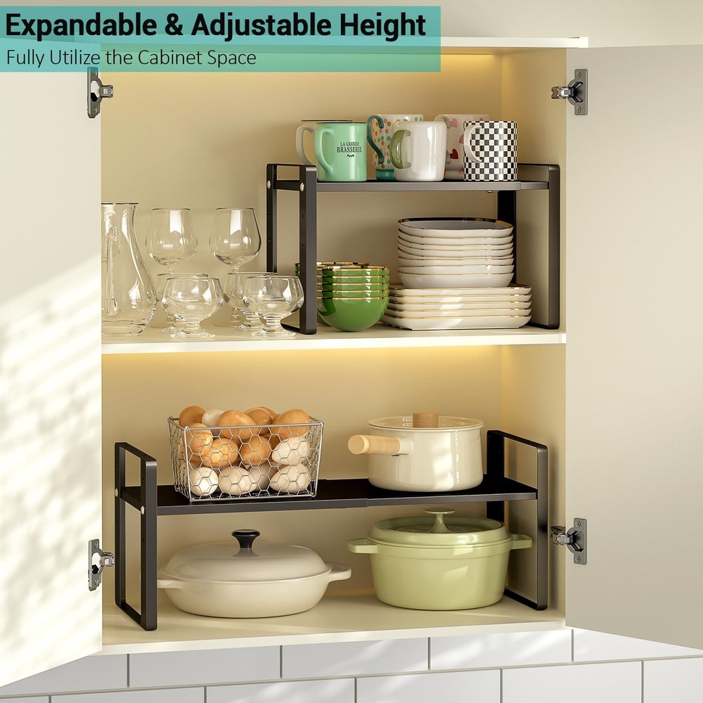 2 Pack Expandable Kitchen Cabinet Organizer Shelves, Stackable Heavy Duty Met...