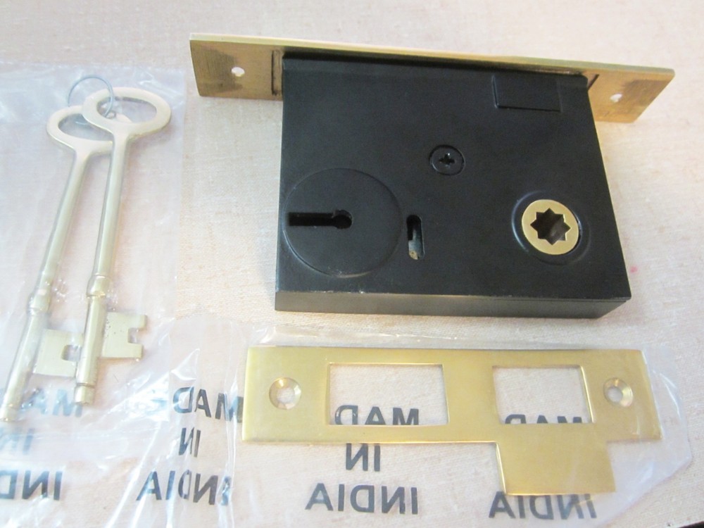 NEW Mortise Door Lock w/ Solid Brass Faceplate, Skeleton Keys, 2-1/4" Backset