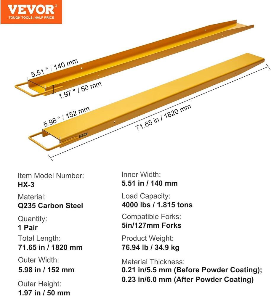 Forklift Extensions, 72 Inch Fork Extensions 5.5 Inch Width, Heavy Duty Fork Ext