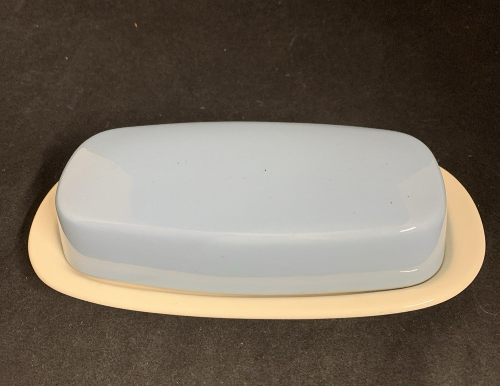 Vintage MCM Orbit Covered Butter Dish White & Blue