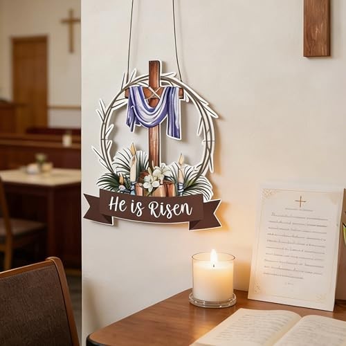 He is Risen Easter Decorations Wooden Cross Wreath, Easter Wreath for Front