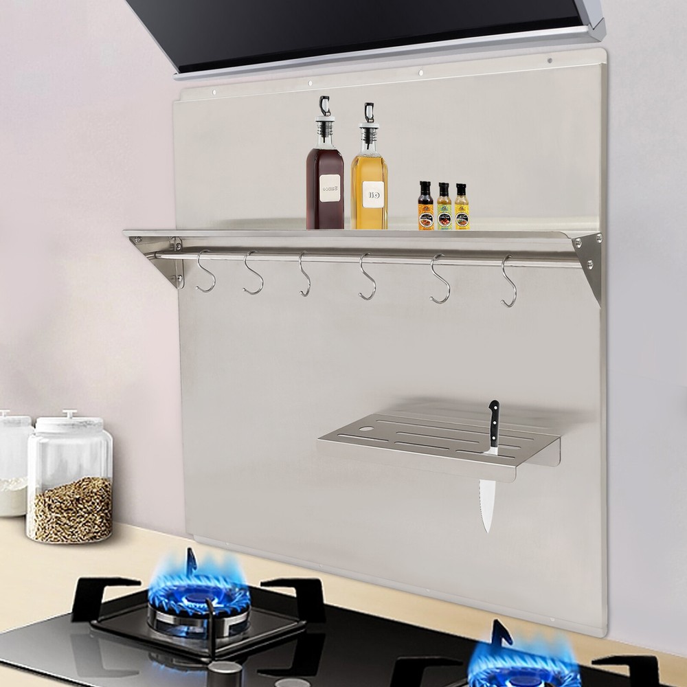 Backsplash with Shelf Stainless Steel Kitchen Range Hood Wall Tile Shield Silver
