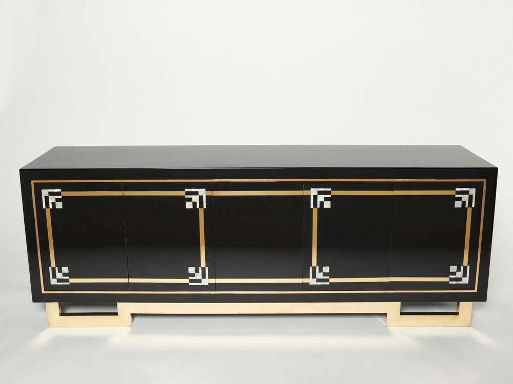Maison Jansen sideboard brass black lacquered shell inlays 1970s