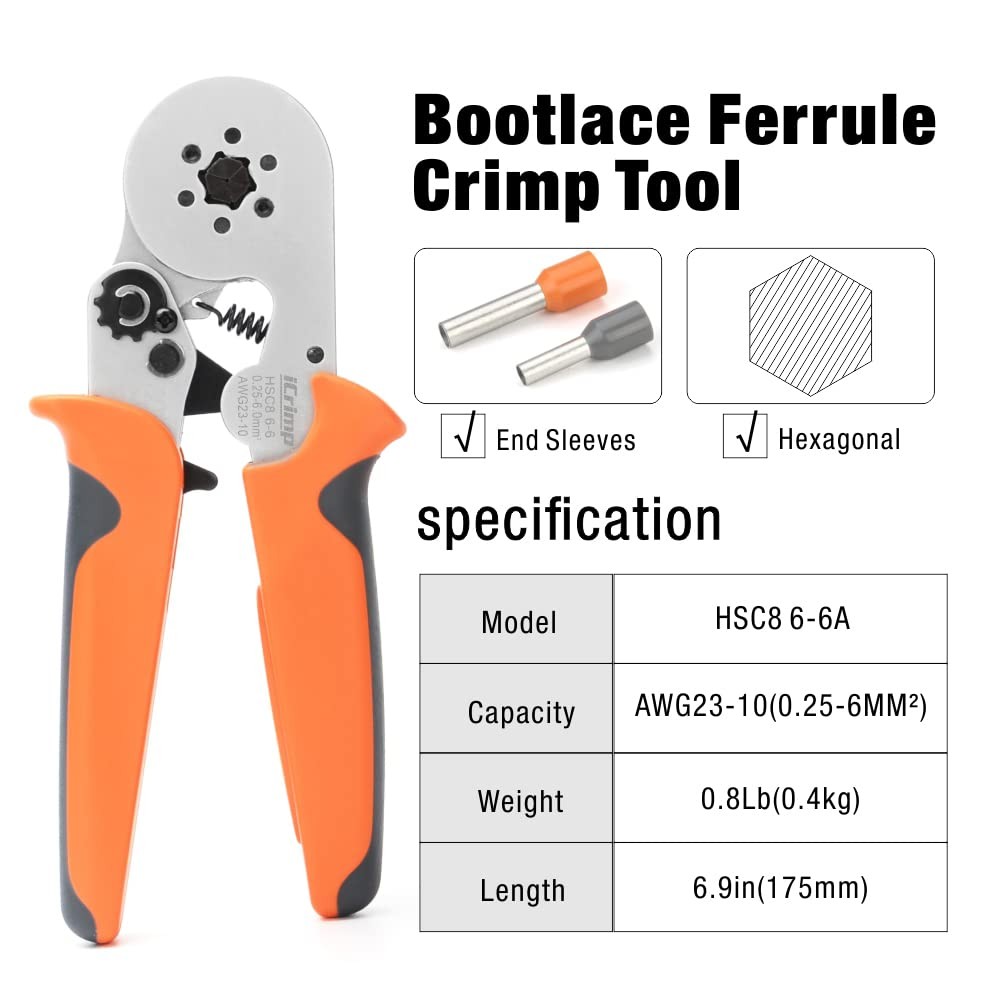iCrimp Wire Ferrule Crimping Tool, Hexagonal Crimp Profile, Orange