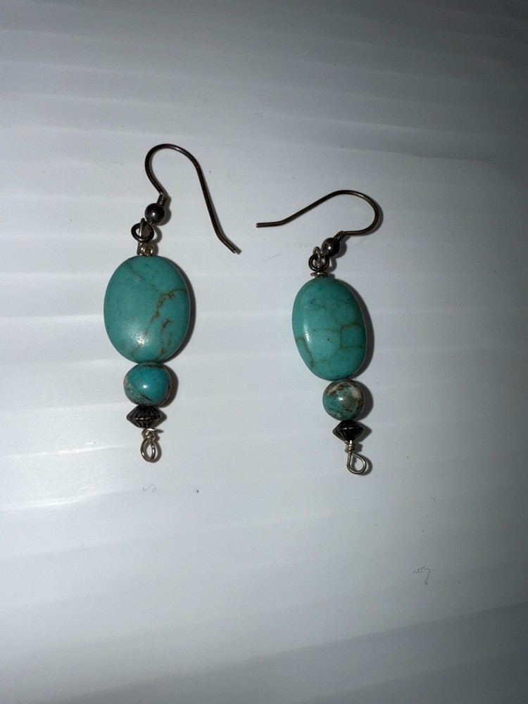 Artisan Wire Beaded Turquoise  Hook Dangle Earrings