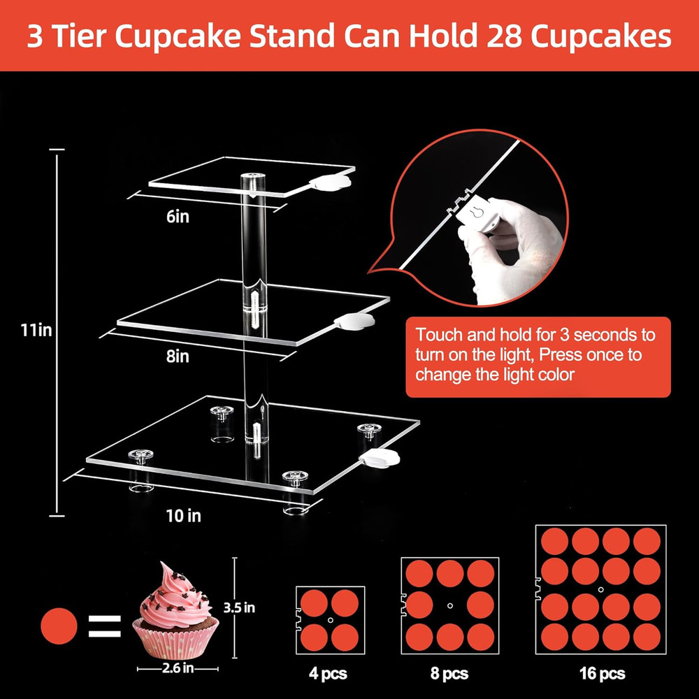 Cupcake Stand - 3 Tier Cupcake Tower with Rechargeable Light- Acrylic Cupcake...