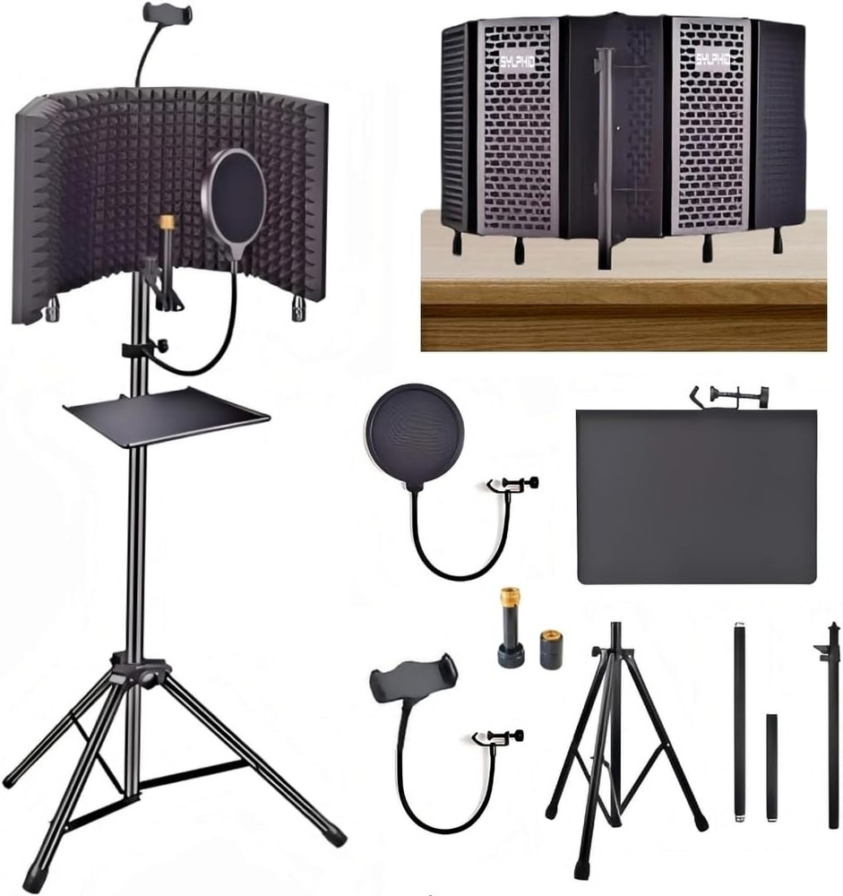 Microphone Isolation Shield with Pop Filter & Stand and Phone Clip, Foldable Tri