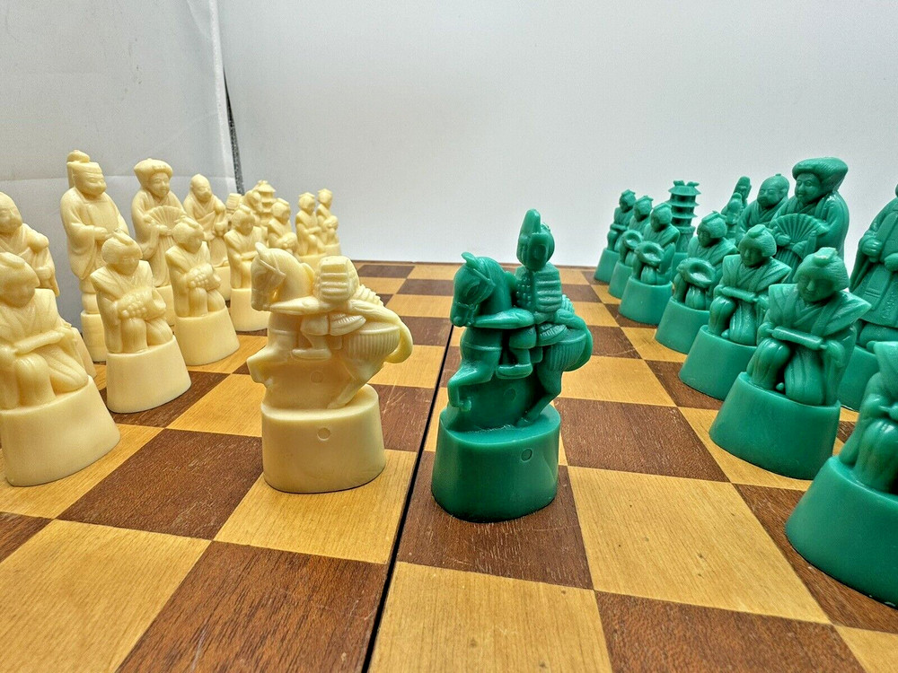 Vtg Chess Set w Folding Board Asian Figural Pieces Turquoise Solid Molded Unique