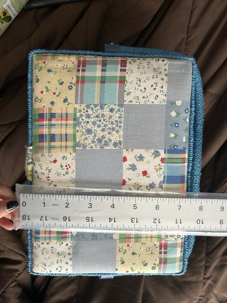 Sewing Kit Quilted Basket Blue And Flower Pattern With Handle And Thread