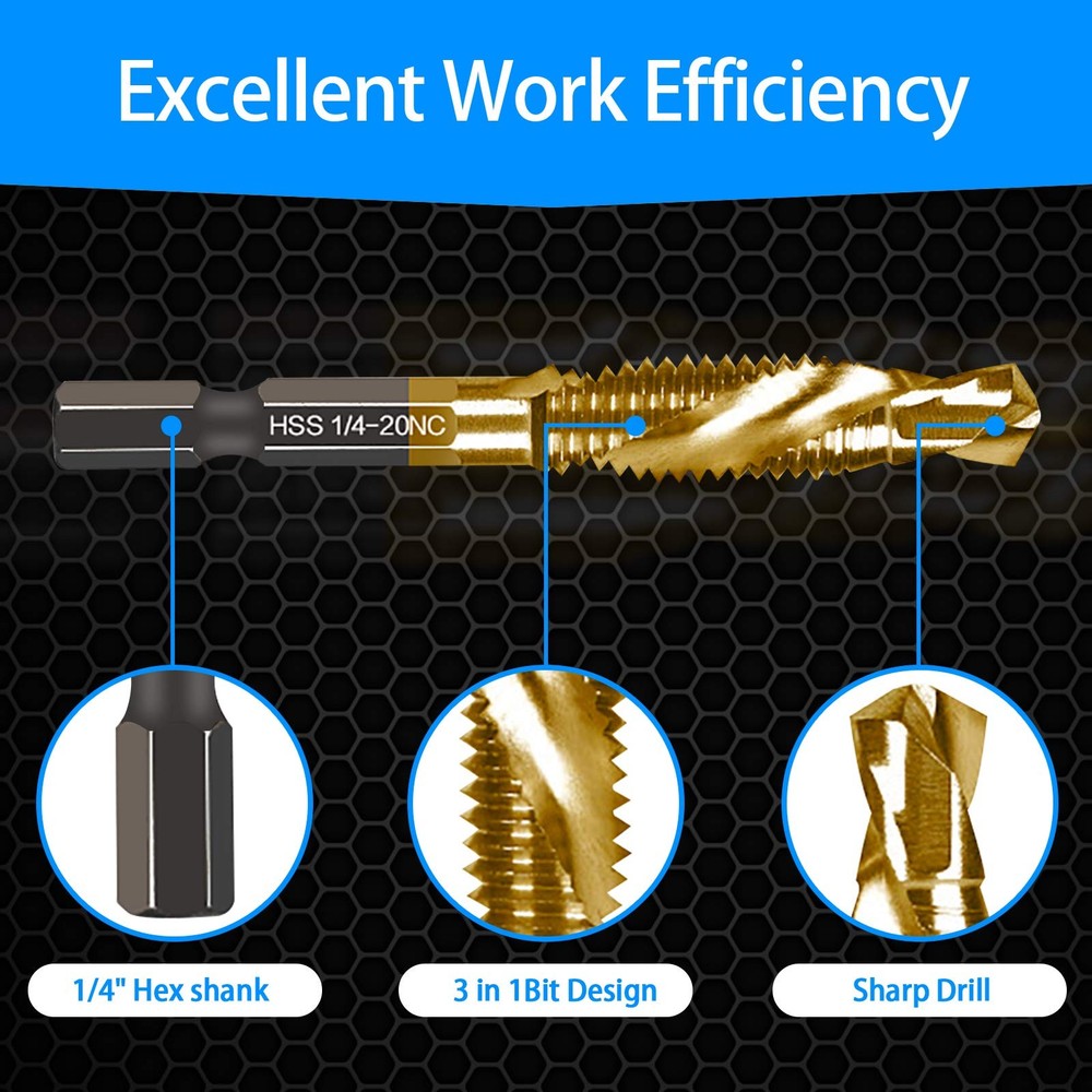 6-pc 1/4-20NC Combination Drill Tap Bit Set SAE, 1/4" UNC-20 6 Pcs