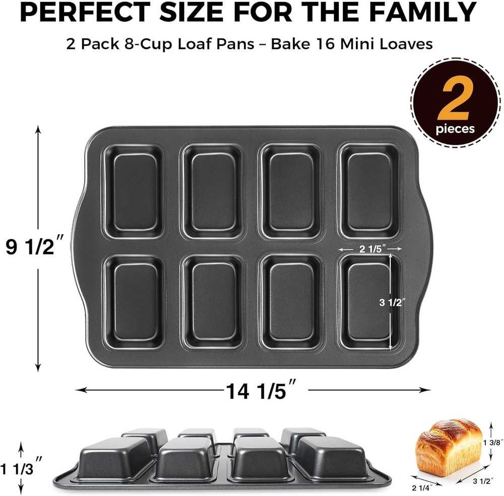 2 Pack Mini Loaf Baking Pans 8-Cavity, Nonstick Small Cornbread Pan, Tiny Ban...