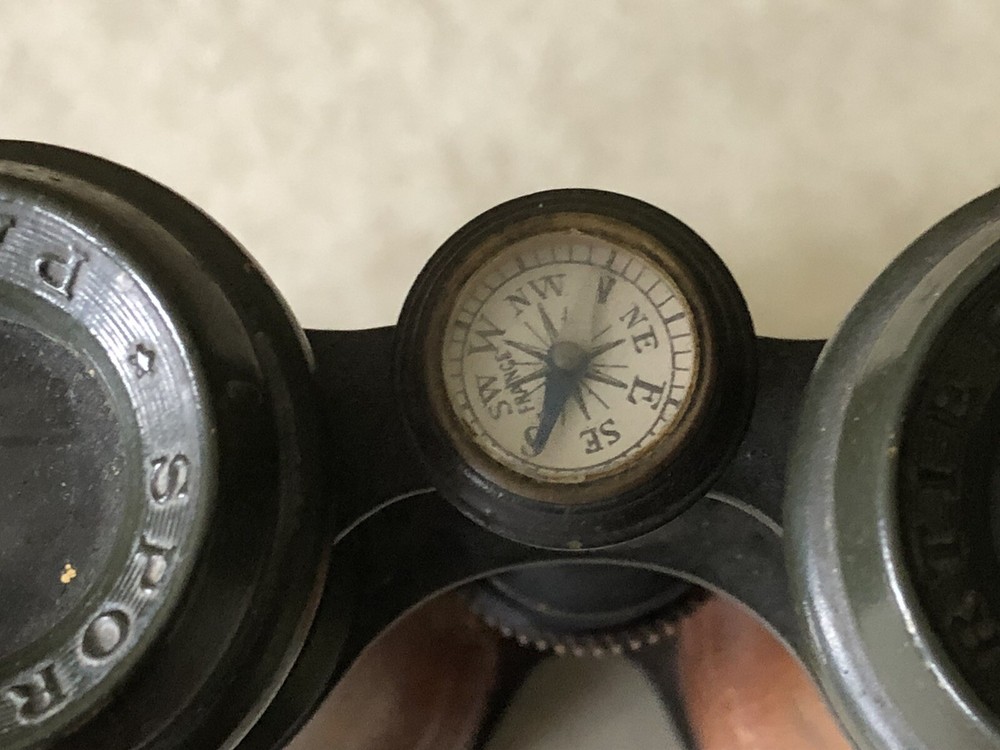 ANTIQUE SPORTIERE PARIS BINOCULARS ARMY MODEL LONG RANGE BUILTIN COMPASS LEATHER